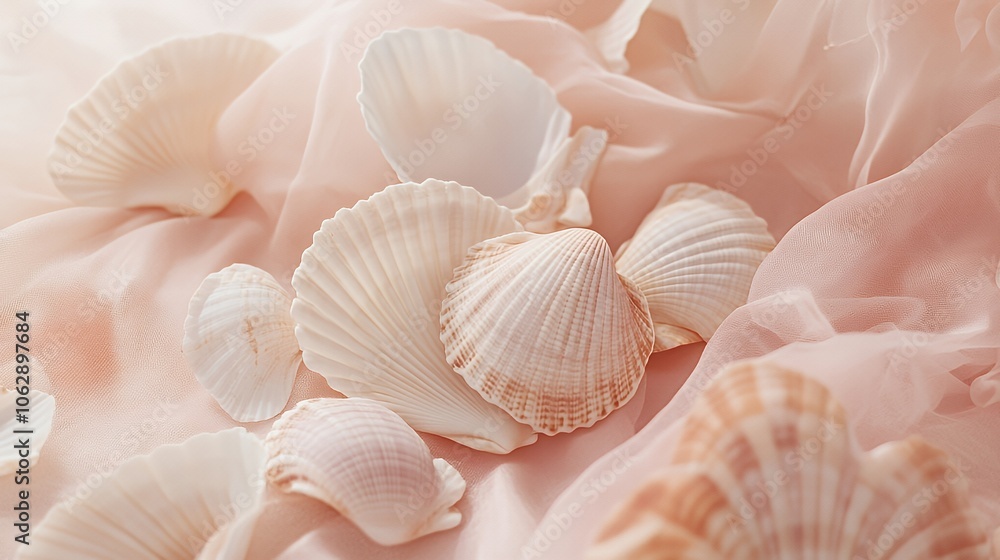 Close-up of delicate seashells arranged on soft pink fabric. Close-up of delicate seashells arranged on soft pink fabric.