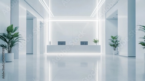 A minimalist bank lobby with white walls, polished floors, and a central reception desk. without people