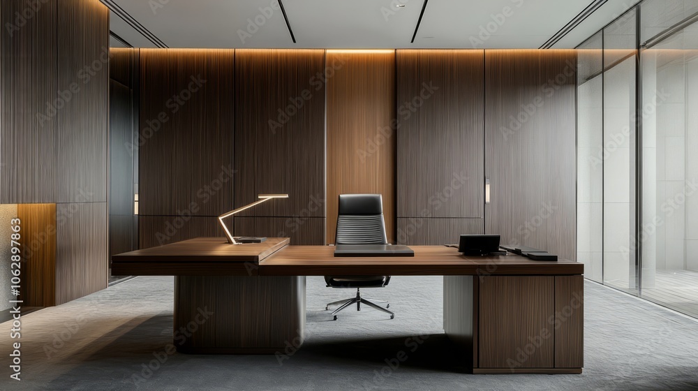 Obraz premium A minimalist bank office with clean lines, glass walls, and a sleek wooden desk
