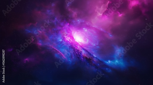 A vibrant nebula with swirls of pink and blue gas, illuminating the vast darkness of space.