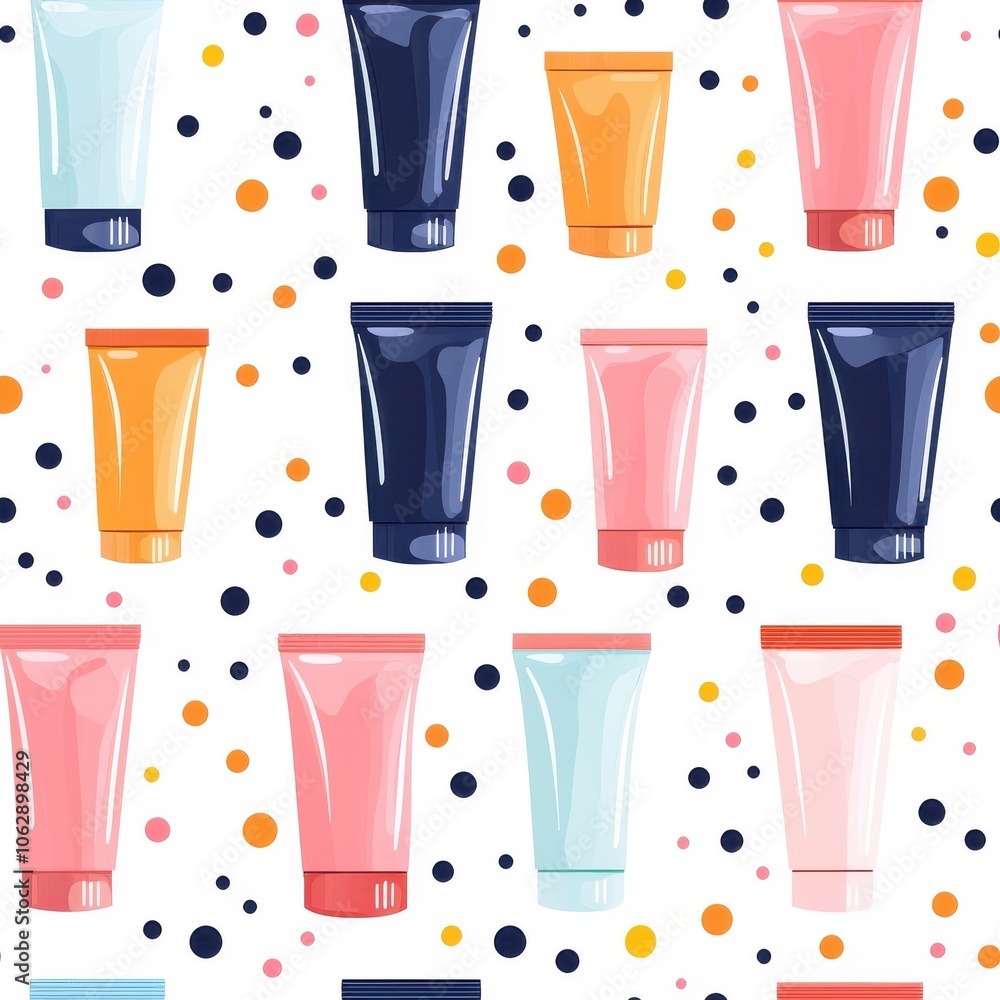 Flat style seamless pattern cosmetic tube, evenly spaced, isolated on white background.