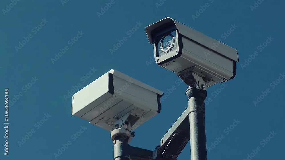 Two surveillance cameras mounted on poles against a clear blue sky, monitoring the area. Two surveillance cameras mounted on poles against a clear blue sky, monitoring the area.