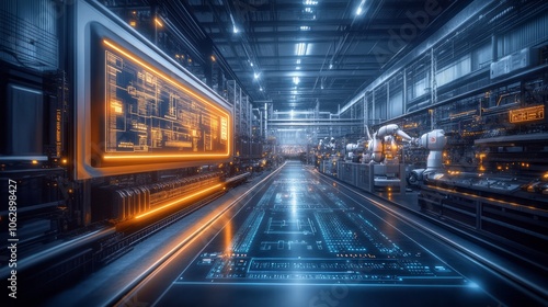 Vivid Photorealistic Image of a Futuristic Factory Interior with High-Tech Machinery and Design