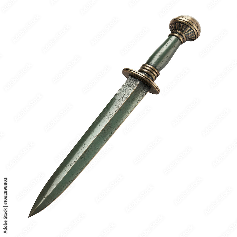 A green sword with a gold tip is shown on a white background A green sword with a gold tip is shown on a white background