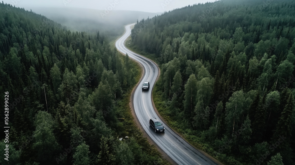 Fototapeta premium Aerial view of two cars driving on a winding road through dense green forest in a foggy landscape