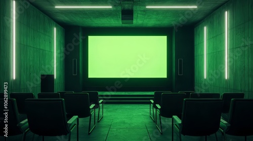 A minimalist cinema theater with sleek, modern chairs and a glowing green screen, no people visible