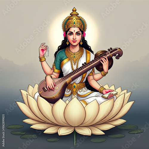 Goddess Saraswati with her ...