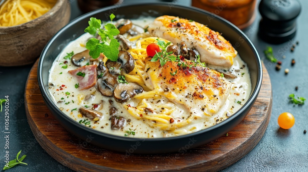 Vivid Photorealistic Image of Fettuccine Alfredo in Cream Sauce with Fresh Parsley Garnish Vivid Photorealistic Image of Fettuccine Alfredo in Cream Sauce with Fresh Parsley Garnish