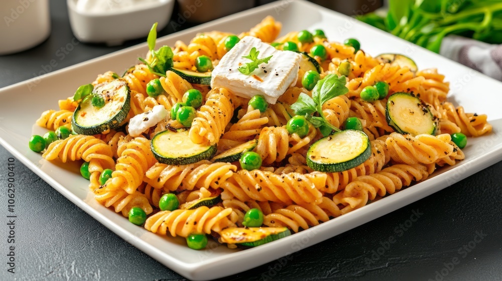 Vivid Photorealistic Image of Fusilli Pasta with Fresh Zucchini and Herbs on a Rustic Table Setting Vivid Photorealistic Image of Fusilli Pasta with Fresh Zucchini and Herbs on a Rustic Table Setting