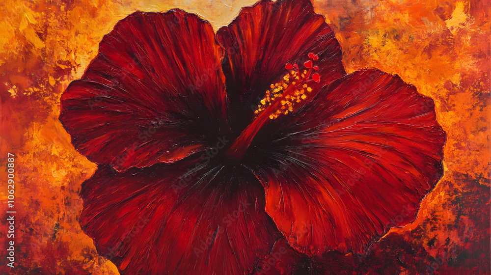 Fototapeta premium A vibrant red hibiscus flower emerges against a warm, textured background, evoking a sense of passion and tropical beauty.