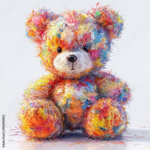 Abstract style teddy bear, bold shapes, isolated on white background.