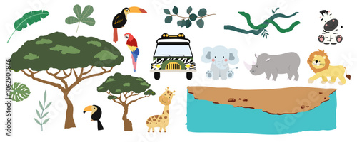 Set of safari object element with animal, car and tree