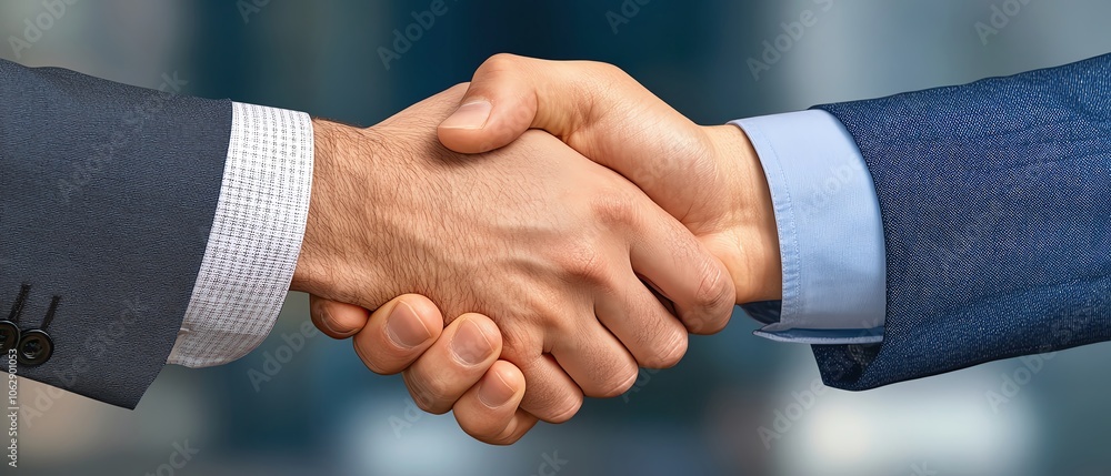 Two professionals exchanging firm handshakes after negotiating a partnership deal, partnership agreement, successful outcome Two professionals exchanging firm handshakes after negotiating a partnership deal, partnership agreement, successful outcome