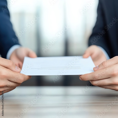 Two people passing a contract across a negotiation table, document exchange, formal business agreement photo