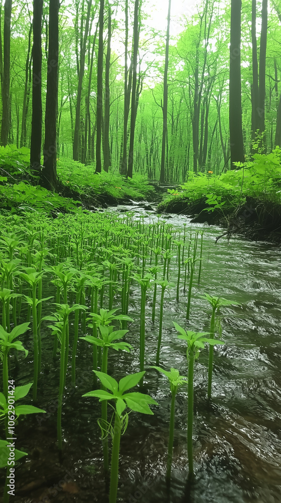 Cleavers plant growing along shaded stream Cleavers plant growing along shaded stream