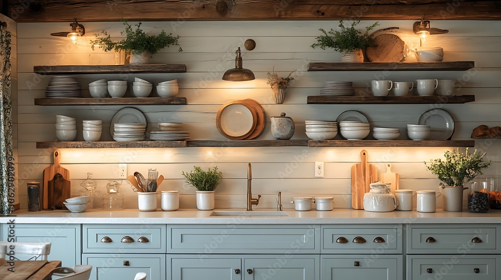 Cozy farmhouse kitchen corner with floating shelves illuminated by warm lighting, showcasing matching stoneware mugs and plates, creating a rustic, inviting atmosphere. --ar 16:9 Cozy farmhouse kitchen corner with floating shelves illuminated by warm lighting, showcasing matching stoneware mugs and plates, creating a rustic, inviting atmosphere. --ar 16:9