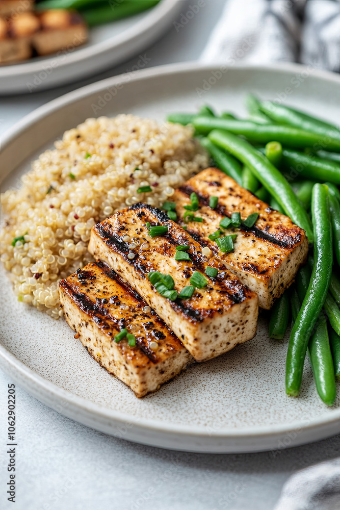 A plate of grilled tofu with quinoa and a side of steamed green beans A plate of grilled tofu with quinoa and a side of steamed green beans