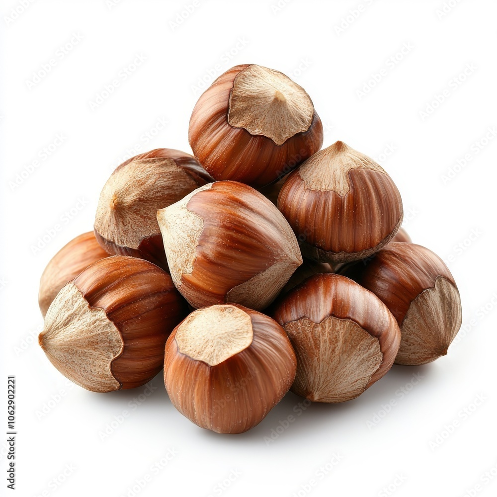Hazelnuts isolated on white, highlighting their rich texture and natural color. Hazelnuts isolated on white, highlighting their rich texture and natural color.