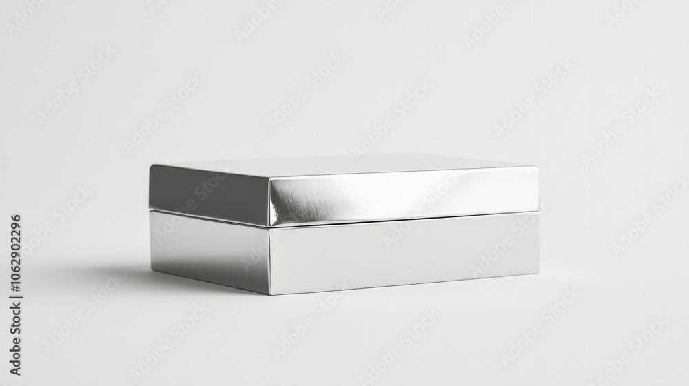 A minimalist, rectangular metallic silver box with sharp edges, placed on a white background A minimalist, rectangular metallic silver box with sharp edges, placed on a white background
