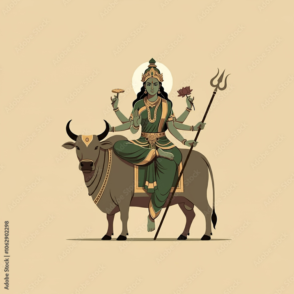 Obraz premium A graceful portrayal of Goddess Parvati riding Nandi, symbolizing strength, compassion, and motherly love