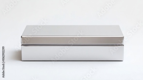 A minimalist, rectangular metallic silver box with sharp edges, placed on a white background