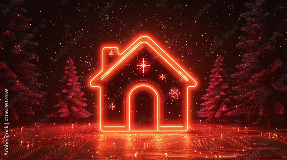 A glowing neon house symbol surrounded by sparkles and snowflakes, creating a festive and cozy atmosphere. A glowing neon house symbol surrounded by sparkles and snowflakes, creating a festive and cozy atmosphere.