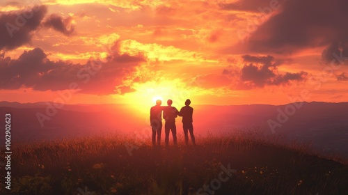 International friends watching a sunset from a hilltop, arms around each other, appreciating nature and friendship.