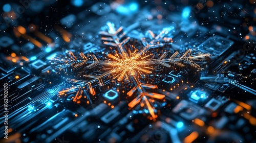 A stunning digital illustration featuring an intricate snowflake with glowing edges, surrounded by circuitry and vibrant colors, evoking a sense of technology and winter.