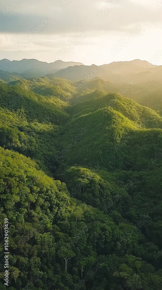 Naklejka premium Aerial view of lush green mountains with forest
