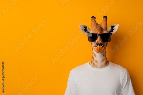 A person wearing a giraffe head mask and sunglasses against a yellow background.