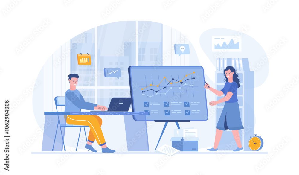 Brainstorming team working on projects, creating a new product. Colleagues discussion communication. Vector illustration with characters in flat design for web banner.
Brainstorming team working on projects, creating a new product. Colleagues discussion communication. Vector illustration with characters in flat design for web banner.