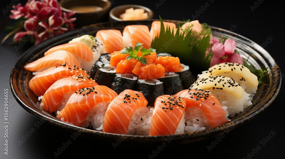 A hand holds chopsticks with Japanese sushi rolls on a plate and soy sauce on a pink background with a hard shadow. Concept food photography. A hand holds chopsticks with Japanese sushi rolls on a plate and soy sauce on a pink background with a hard shadow. Concept food photography.