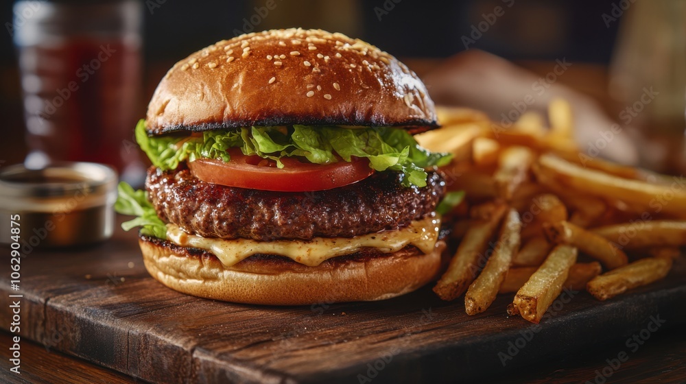 A classic American burger with lettuce, tomato, and mayo, A classic American burger with lettuce, tomato, and mayo,