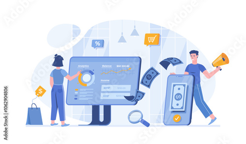 Promotion strategy. Financial profit growth, income analysis, market and business statistics. Vector illustration with characters in flat design for web banner.	
