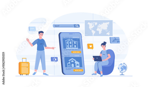 Booking a hotel online service, tourism planning. Mobile app for booking apartment for vacation, traveling. Vector illustration with characters in flat design for web banner.	
