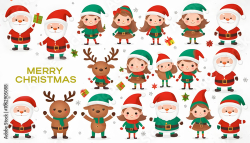 Cheerful Christmas characters including Santa and reindeer with festive decorations