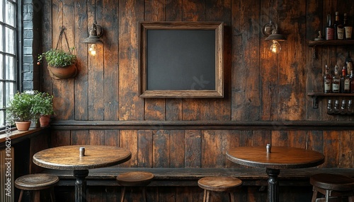 Fototapeta Naklejka Na Ścianę i Meble -  A blank picture frame hanging on the old textured wooden wall in a cosy old english or irish pub, A blank canvas hanging on a rustic wooden wall