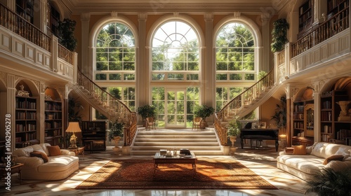 A grand, sunlit foyer with sweeping staircases, towering windows, and a luxurious interior.