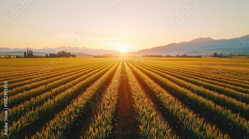 Vibrant sunset over a lush field, showcasing rows of crops under golden light.