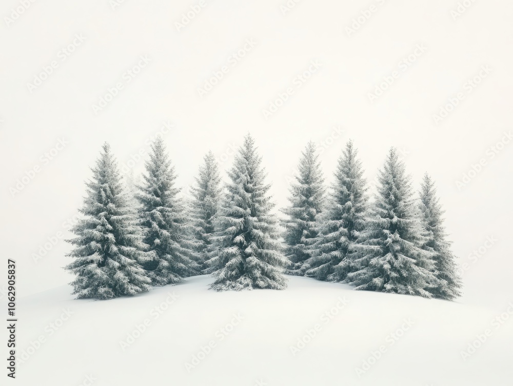 Minimalist illustration of snow-covered pine trees in a serene winter landscape Minimalist illustration of snow-covered pine trees in a serene winter landscape