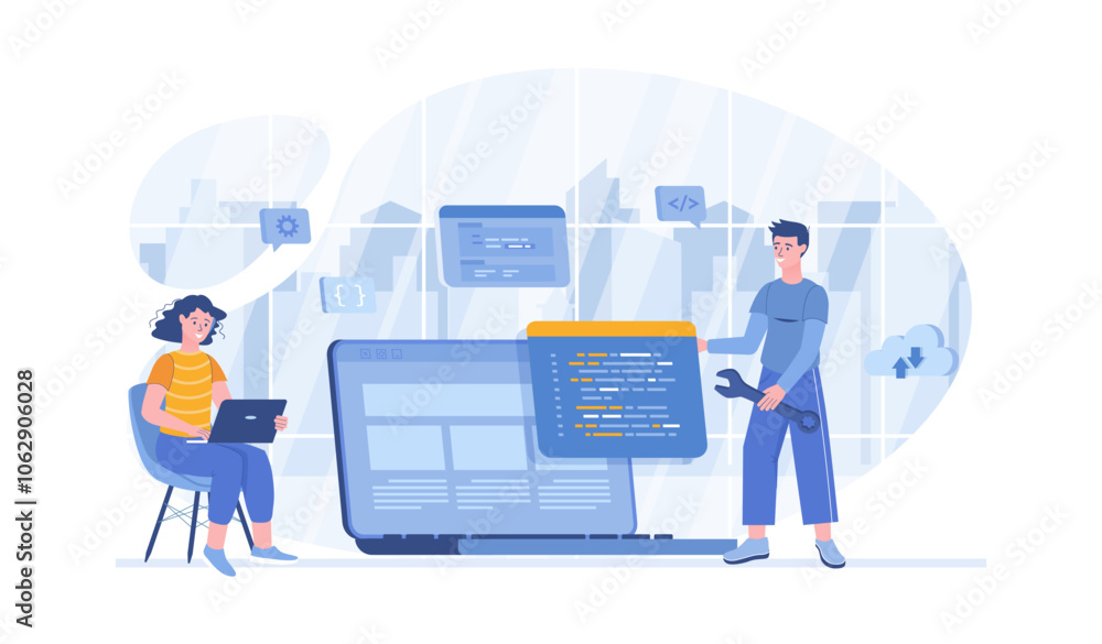 Software development, programming, coding. People write code, settings and testing, developing programs and applications. Vector illustration with characters in flat design for web banner.
Software development, programming, coding. People write code, settings and testing, developing programs and applications. Vector illustration with characters in flat design for web banner.