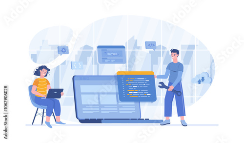 Software development, programming, coding. People write code, settings and testing, developing programs and applications. Vector illustration with characters in flat design for web banner.	
