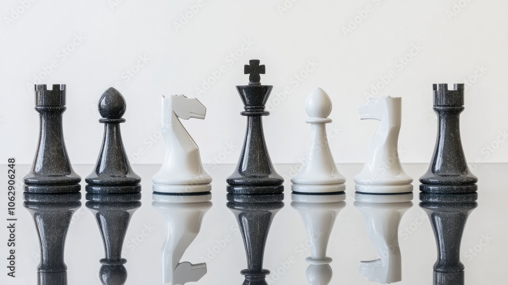 A minimalistic black and white chess set made from metal, set against a smooth reflective surface A minimalistic black and white chess set made from metal, set against a smooth reflective surface