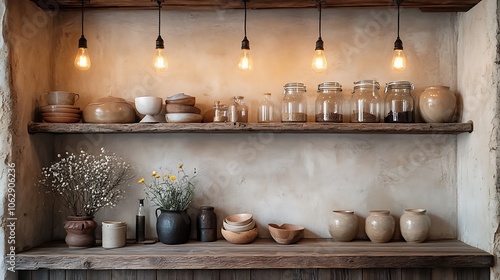 Elegant rustic kitchen nook with vintage bulb lighting casting a warm glow on ceramic jars and pots, simple wooden shelving and rough walls creating a welcoming, nostalgic vibe. --ar 16:9