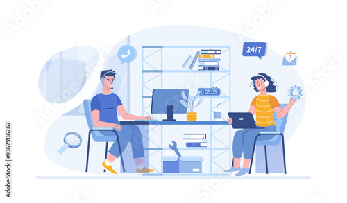 Technical support. Online customer service. Operators in headphones consult clients and solve tech problems. Vector illustration with characters in flat design for web banner.	
