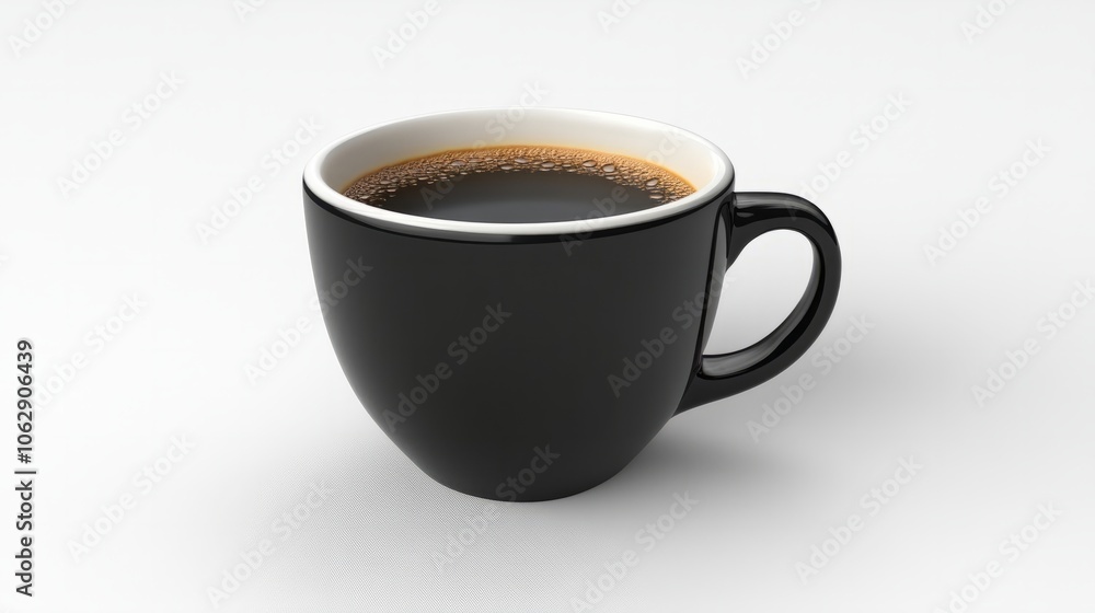 A minimalistic black coffee cup filled with freshly brewed coffee, no sugar or milk, on a white background A minimalistic black coffee cup filled with freshly brewed coffee, no sugar or milk, on a white background