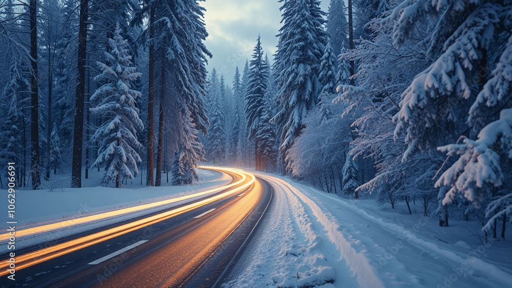 Light Trails of Passing Cars on Snowy Road Light Trails of Passing Cars on Snowy Road