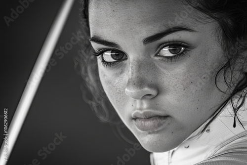 Close-up of an intense fencer about to make a lunge, eyes focused