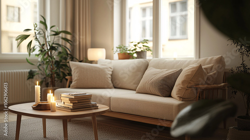 cozy living room with beige sofa and candles