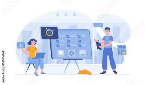 Sales management. Financial analysis sales and profit. Audit, investment and accounting. Vector illustration with characters in flat design for web banner.	

